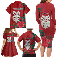 Maori Wheku Meri Kirihimete Personalised Family Matching Long Sleeve Bodycon Dress and Hawaiian Shirt All Red Indigenous Maori Motif LT9 - Polynesian Pride