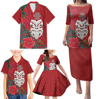 Maori Wheku Meri Kirihimete Personalised Family Matching Puletasi and Hawaiian Shirt All Red Indigenous Maori Motif LT9 - Polynesian Pride
