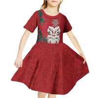 Maori Wheku Meri Kirihimete Personalised Kid Short Sleeve Dress All Red Indigenous Maori Motif LT9 - Polynesian Pride