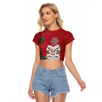 Maori Wheku Meri Kirihimete Personalised Raglan Cropped T Shirt All Red Indigenous Maori Motif LT9 Female Red - Polynesian Pride