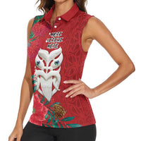 Maori Wheku Meri Kirihimete Personalised Women Sleeveless Polo Shirt All Red Indigenous Maori Motif - Polynesian Pride