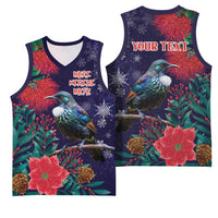 Tui Meri Kirihimete Personalised Basketball Jersey Pohutukawa Flowers Blue Motif LT9 - Polynesian Pride