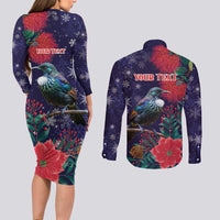 Tui Meri Kirihimete Personalised Couples Matching Long Sleeve Bodycon Dress and Long Sleeve Button Shirt Pohutukawa Flowers Blue Motif LT9 - Polynesian Pride