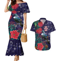Tui Meri Kirihimete Personalised Couples Matching Mermaid Dress and Hawaiian Shirt Pohutukawa Flowers Blue Motif LT9 Blue - Polynesian Pride