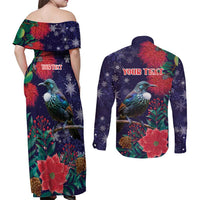 Tui Meri Kirihimete Personalised Couples Matching Off Shoulder Maxi Dress and Long Sleeve Button Shirt Pohutukawa Flowers Blue Motif LT9 - Polynesian Pride