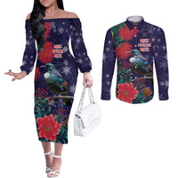 Tui Meri Kirihimete Personalised Couples Matching Off The Shoulder Long Sleeve Dress and Long Sleeve Button Shirt Pohutukawa Flowers Blue Motif LT9 Blue - Polynesian Pride