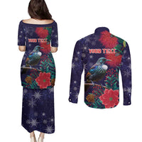 Tui Meri Kirihimete Personalised Couples Matching Puletasi and Long Sleeve Button Shirt Pohutukawa Flowers Blue Motif LT9 - Polynesian Pride