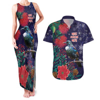 Tui Meri Kirihimete Personalised Couples Matching Tank Maxi Dress and Hawaiian Shirt Pohutukawa Flowers Blue Motif LT9 Blue - Polynesian Pride