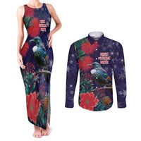 Tui Meri Kirihimete Personalised Couples Matching Tank Maxi Dress and Long Sleeve Button Shirt Pohutukawa Flowers Blue Motif LT9 Blue - Polynesian Pride
