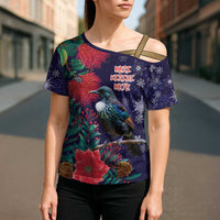 Tui Meri Kirihimete Personalised Cross Shoulder Shirt Pohutukawa Flowers Blue Motif LT9 - Polynesian Pride