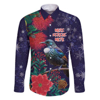 Tui Meri Kirihimete Personalised Family Matching Off The Shoulder Long Sleeve Dress and Hawaiian Shirt Pohutukawa Flowers Blue Motif LT9 Dad's Shirt - Long Sleeve Blue - Polynesian Pride