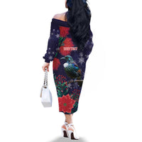 Tui Meri Kirihimete Personalised Family Matching Off The Shoulder Long Sleeve Dress and Hawaiian Shirt Pohutukawa Flowers Blue Motif LT9 - Polynesian Pride