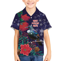 Tui Meri Kirihimete Personalised Family Matching Off The Shoulder Long Sleeve Dress and Hawaiian Shirt Pohutukawa Flowers Blue Motif LT9 Son's Shirt Blue - Polynesian Pride