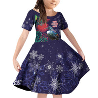 Tui Meri Kirihimete Personalised Family Matching Off Shoulder Short Dress and Hawaiian Shirt Pohutukawa Flowers Blue Motif LT9 Daughter's Dress Blue - Polynesian Pride