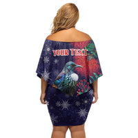Tui Meri Kirihimete Personalised Family Matching Off Shoulder Short Dress and Hawaiian Shirt Pohutukawa Flowers Blue Motif LT9 - Polynesian Pride