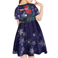 Tui Meri Kirihimete Personalised Kid Short Sleeve Dress Pohutukawa Flowers Blue Motif LT9 - Polynesian Pride