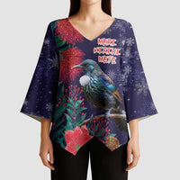 Tui Meri Kirihimete Personalised Kimono Sleeve Blouse Pohutukawa Flowers Blue Motif LT9 - Polynesian Pride