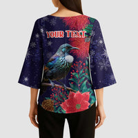 Tui Meri Kirihimete Personalised Kimono Sleeve Blouse Pohutukawa Flowers Blue Motif LT9 - Polynesian Pride