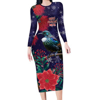 Tui Meri Kirihimete Personalised Long Sleeve Bodycon Dress Pohutukawa Flowers Blue Motif LT9 Long Dress Blue - Polynesian Pride