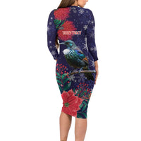 Tui Meri Kirihimete Personalised Long Sleeve Bodycon Dress Pohutukawa Flowers Blue Motif LT9 - Polynesian Pride