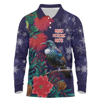 Tui Meri Kirihimete Personalised Long Sleeve Polo Shirt Pohutukawa Flowers Blue Motif LT9 Blue - Polynesian Pride