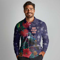 Tui Meri Kirihimete Personalised Long Sleeve Polo Shirt Pohutukawa Flowers Blue Motif LT9 - Polynesian Pride