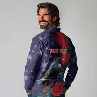 Tui Meri Kirihimete Personalised Long Sleeve Polo Shirt Pohutukawa Flowers Blue Motif LT9 - Polynesian Pride