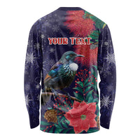Tui Meri Kirihimete Personalised Long Sleeve Shirt Pohutukawa Flowers Blue Motif LT9 - Polynesian Pride