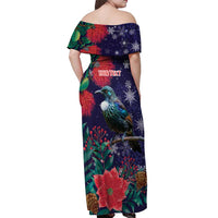 Tui Meri Kirihimete Personalised Off Shoulder Maxi Dress Pohutukawa Flowers Blue Motif LT9 - Polynesian Pride