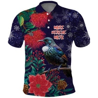 Tui Meri Kirihimete Personalised Polo Shirt Pohutukawa Flowers Blue Motif LT9 Blue - Polynesian Pride