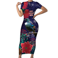 Tui Meri Kirihimete Personalised Short Sleeve Bodycon Dress Pohutukawa Flowers Blue Motif LT9 Long Dress Blue - Polynesian Pride