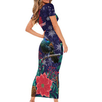 Tui Meri Kirihimete Personalised Short Sleeve Bodycon Dress Pohutukawa Flowers Blue Motif LT9 - Polynesian Pride