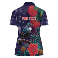 Tui Meri Kirihimete Personalised Women Polo Shirt Pohutukawa Flowers Blue Motif - Polynesian Pride