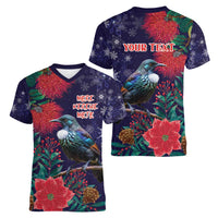 Tui Meri Kirihimete Personalised Women V-Neck T-Shirt Pohutukawa Flowers Blue Motif LT9 - Polynesian Pride