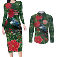 Tui Meri Kirihimete Personalised Couples Matching Long Sleeve Bodycon Dress and Long Sleeve Button Shirt Pohutukawa Flowers Green Motif LT9 Green - Polynesian Pride