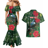 Tui Meri Kirihimete Personalised Couples Matching Mermaid Dress and Hawaiian Shirt Pohutukawa Flowers Green Motif LT9 - Polynesian Pride