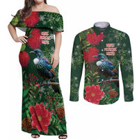 Tui Meri Kirihimete Personalised Couples Matching Off Shoulder Maxi Dress and Long Sleeve Button Shirt Pohutukawa Flowers Green Motif LT9 Green - Polynesian Pride