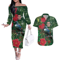 Tui Meri Kirihimete Personalised Couples Matching Off The Shoulder Long Sleeve Dress and Hawaiian Shirt Pohutukawa Flowers Green Motif LT9 Green - Polynesian Pride