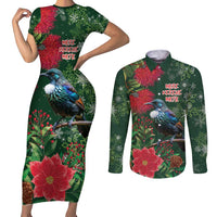 Tui Meri Kirihimete Personalised Couples Matching Short Sleeve Bodycon Dress and Long Sleeve Button Shirt Pohutukawa Flowers Green Motif LT9 Green - Polynesian Pride