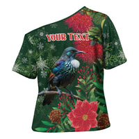 Tui Meri Kirihimete Personalised Cross Shoulder Shirt Pohutukawa Flowers Green Motif LT9 - Polynesian Pride