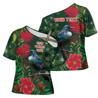 Tui Meri Kirihimete Personalised Cross Shoulder Shirt Pohutukawa Flowers Green Motif LT9 - Polynesian Pride