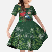 Tui Meri Kirihimete Personalised Family Matching Off Shoulder Maxi Dress and Hawaiian Shirt Pohutukawa Flowers Green Motif LT9 Daughter's Dress Green - Polynesian Pride