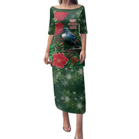 Tui Meri Kirihimete Personalised Family Matching Puletasi and Hawaiian Shirt Pohutukawa Flowers Green Motif LT9 Mom's Dress Green - Polynesian Pride