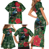 Tui Meri Kirihimete Personalised Family Matching Short Sleeve Bodycon Dress and Hawaiian Shirt Pohutukawa Flowers Green Motif LT9 - Polynesian Pride