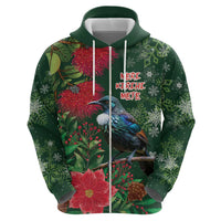 Tui Meri Kirihimete Personalised Hoodie Pohutukawa Flowers Green Motif LT9 - Polynesian Pride