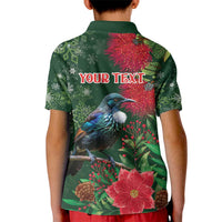Tui Meri Kirihimete Personalised Kid Polo Shirt Pohutukawa Flowers Green Motif LT9 - Polynesian Pride