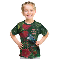 Tui Meri Kirihimete Personalised Kid T Shirt Pohutukawa Flowers Green Motif LT9 Green - Polynesian Pride