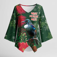 Tui Meri Kirihimete Personalised Kimono Sleeve Blouse Pohutukawa Flowers Green Motif LT9 Female Green - Polynesian Pride