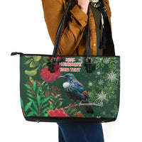 Tui Meri Kirihimete Personalised Leather Tote Bag Pohutukawa Flowers Green Motif LT9 - Polynesian Pride