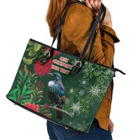 Tui Meri Kirihimete Personalised Leather Tote Bag Pohutukawa Flowers Green Motif LT9 - Polynesian Pride